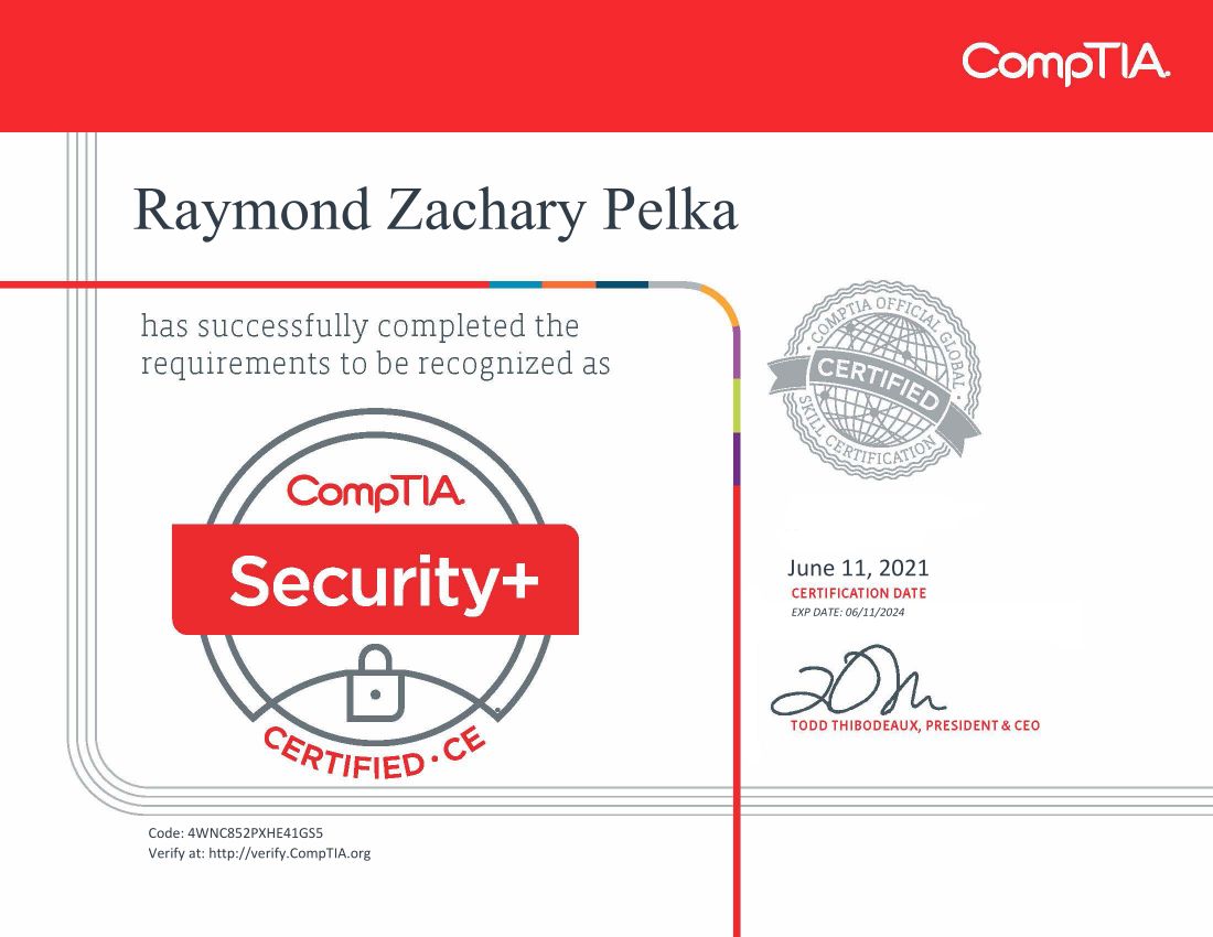 CompTIA Security+ ce Certificate